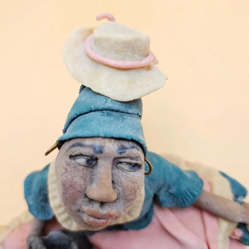 Artisan Signed Limited Edition Figurine Woman Basket Straw Hat Handcrafted RARE